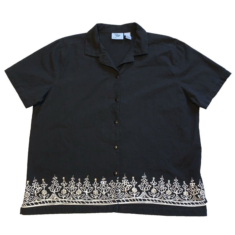 Jane Ashley Top Women's Size 1X Black‎ Short Sleeve Cotton Embroidered Beaded
